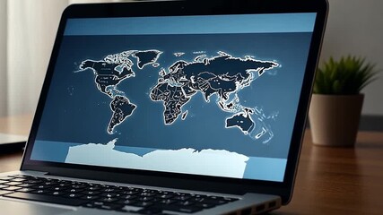 Animated world map on a laptop screen. Visualizing global data and international business connections. Technology and communication concept - Powered by Adobe