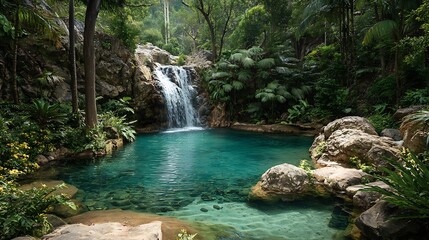 Naklejka premium Tropical waterfall flowing into turquoise lagoon high resolution HD images