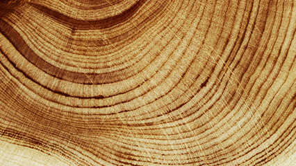Fototapeta premium Macro banner of wood timber of juniper tree rings, natural geometric pattern, abstract nature background. Natural wooden organic textures, monochrome brown beige gradient color, earthy tones, above