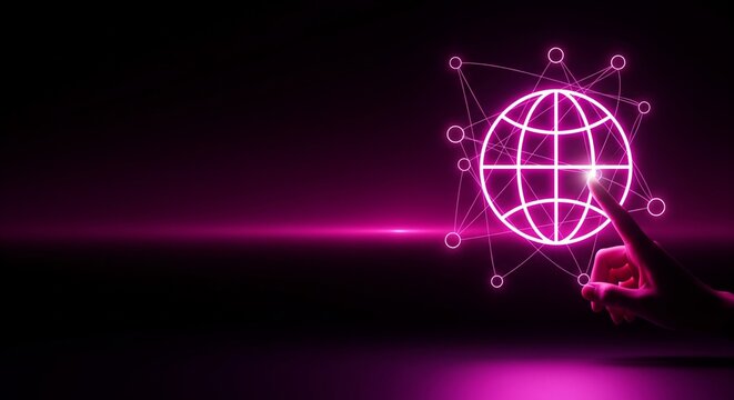 Digital Globe Connection: An illuminated globe icon glows against a dark backdrop, with a hand pointing towards its core, representing the essence of interconnectedness and technology. - Powered by Adobe