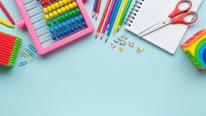 Colorful school supplies border on light blue background for education concept