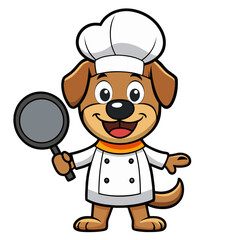 Cartoon Dog Chef Holding Frying Pan, Wearing Chef Hat and Apron, Cute Culinary Illustration