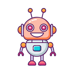 Cartoon Robot Character Icon with Round Head and Glowing Elements, Vector Illustration
