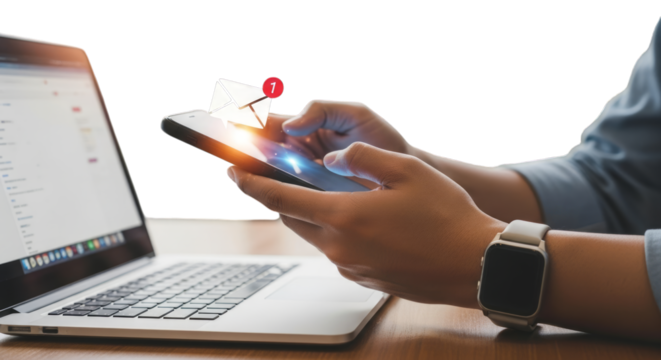 Person using smartphone with email notification near open laptop on transparent background