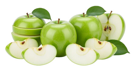Arrangement of fresh cut and whole green apples with leaves present on transparent background