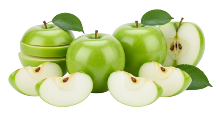 Arrangement of fresh cut and whole green apples with leaves present on transparent background