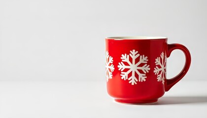 A bright red ceramic mug decorated with white snowflake patterns, isolated against a clean white background.