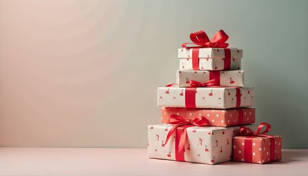 A stack of holiday gifts wrapped in white and red patterned paper with red ribbons, set against a subtle, light background.