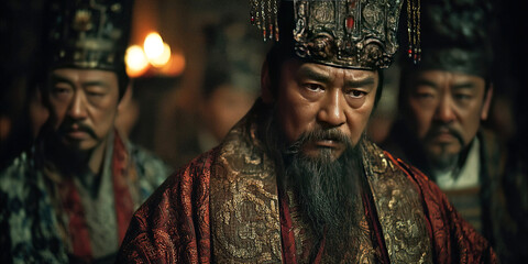 Royal council in ancient China, with officials in traditional attire at a historic court