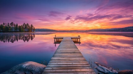 Sunset over a calm lake viewed from a wooden dock surrounded by trees in a natural setting