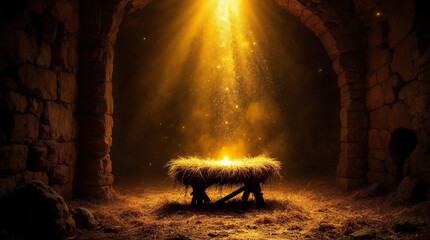 Nativity scene with wooden manger and hay under divine golden light. Christmas background of Jesus birth in stone stable. Religious holiday concept