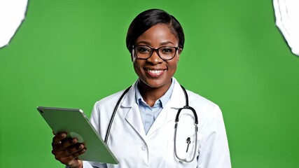 A confident african american medical professional utilizes a digital tablet for healthcare data management and patient interaction on a versatile - Powered by Adobe