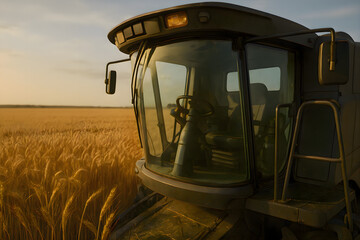 Combiner machine operating in a wheat field, capturing agricultural equipment, rural environment, crop harvesting activity, and machinery details with scenic farmland surroundings