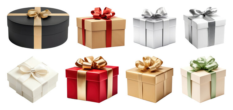 PNG Elegant gift boxes with bows, element set on transparent background
