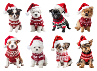 PNG Adorable puppies wearing Christmas sweaters, element set on transparent background