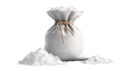 Burlap sack overflowing with white powder and scattered around on a clean surface, ideal for concepts related to ingredients, substances, or bulk materials.