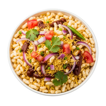 Aerial view of bhel puri dish in a bowl with tomatoes and red onions on transparent background