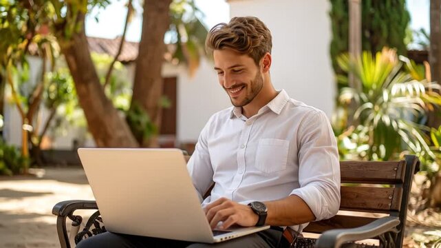 Man using laptop outdoors working on bench with sunlight and natural background remote work concept