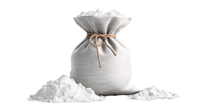 Burlap sack overflowing with white powder and scattered around on a clean surface, ideal for concepts related to ingredients, substances, or bulk materials.