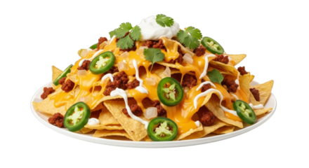 Plate of nachos with cheese meat jalapeños and sour cream topping on transparent background