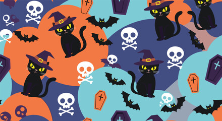 Fun and spooky Halloween seamless pattern with black cats wearing witch hats, skulls, bats, and coffins on a colorful abstract background.