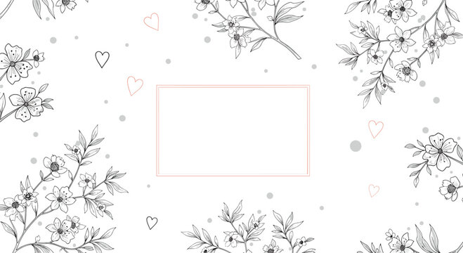 Elegant and romantic background with hand-drawn floral branches, scattered hearts, and a central rectangular frame for text or a message. - Powered by Adobe
