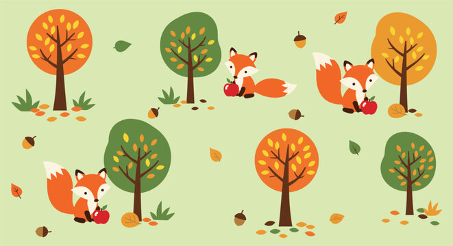 Adorable autumn scene illustration with cute foxes sitting by trees and eating apples, with falling leaves and acorns all around.