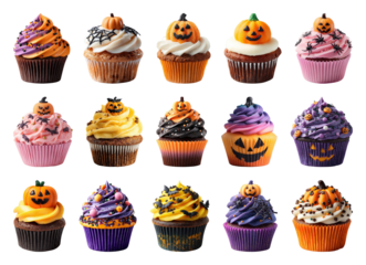 PNG Colorful Halloween-themed cupcake assortment, element set on transparent background