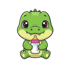 Obraz premium Cartoon alligator holding a baby bottle with a pink and orange nipple on transparent background