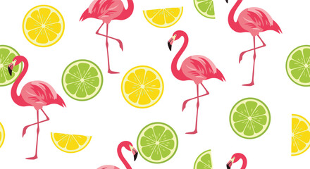 Tropical seamless pattern featuring pink flamingos, yellow lemon slices, and green lime slices scattered on a clean white background.