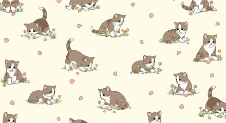 Adorable seamless pattern of cute brown and white kittens playing and sitting in grass with flowers, on a soft yellow background with petals.