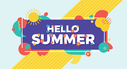 Vibrant and abstract "Hello Summer" banner with bold text, flowers, and colorful geometric shapes on a bright, dynamic background.