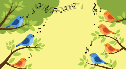 Cheerful illustration of blue and orange birds singing on tree branches, with musical notes floating in the air on a yellow background.