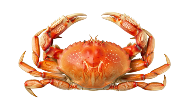 Isolated cooked crab with claws extended on a plain color surface on transparent background