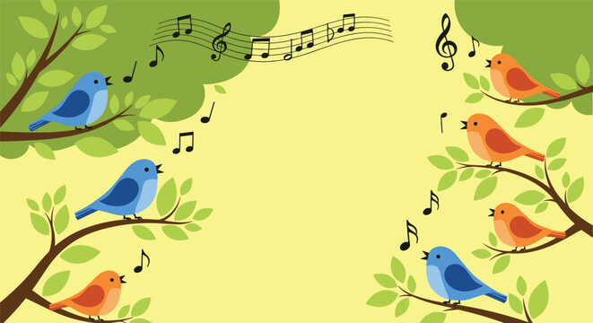 Cheerful illustration of blue and orange birds singing on tree branches, with musical notes floating in the air on a yellow background.