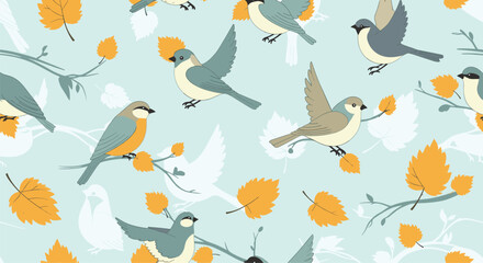 Fototapeta premium Seamless autumn pattern of cute birds in shades of blue and gray, flying and perched on branches with yellow leaves on a teal background.