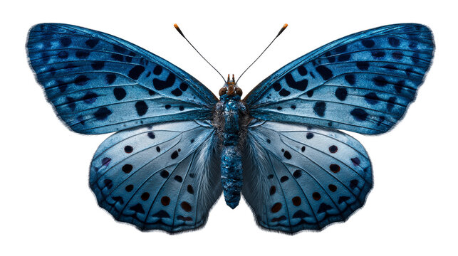 Striking blue butterfly with intricate wing patterns and bold spots, perfect for nature themes, insect education, and vibrant decoration projects.