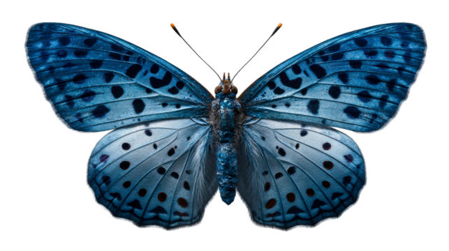 Striking blue butterfly with intricate wing patterns and bold spots, perfect for nature themes, insect education, and vibrant decoration projects.