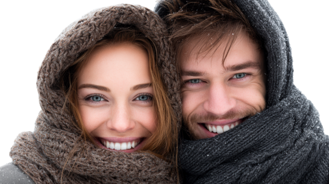 Young Couple Smiling and Embracing Under a Snowy Blanket, Perfect for Winter Romance and Holiday Season Usage