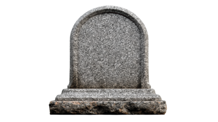 Weathered granite headstone with arched top and base stands on a plinth, representing remembrance and eternal rest in a cemetery setting, suitable for memorials or historical themes.