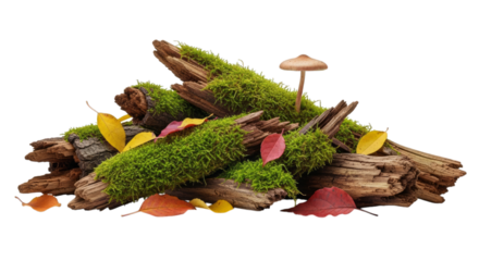 Pile of logs with moss and a mushroom among colorful autumn leaves on transparent background