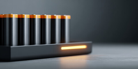 Close-up of rechargeable batteries in a black charging dock with glowing orange indicator light on a gray surface