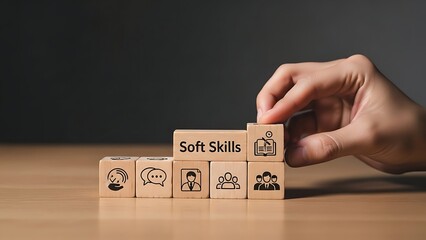 Hand arranging wooden blocks with soft skills icons and text.
