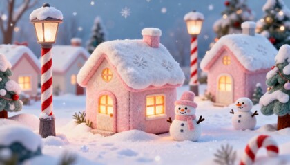 Adorable cartoon Christmas village, tiny snowy houses, candy-cane lampposts, smiling snowmen, warm glowing windows, magical child-friendly aesthetic, pastel colors, charming holiday wonderland, 3D