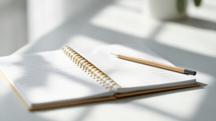 Open spiral notebook with blank lined pages and wooden pencil on white surface with soft natural light and shadows