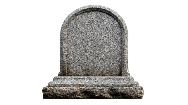 Weathered granite headstone with arched top and base stands on a plinth, representing remembrance and eternal rest in a cemetery setting, suitable for memorials or historical themes.