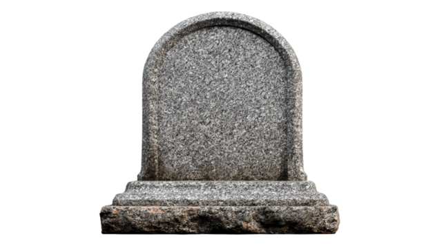 Weathered granite headstone with arched top and base stands on a plinth, representing remembrance and eternal rest in a cemetery setting, suitable for memorials or historical themes.