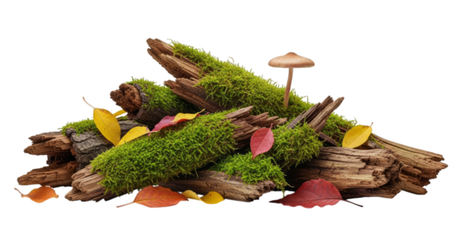 Pile of logs with moss and a mushroom among colorful autumn leaves on transparent background - Powered by Adobe