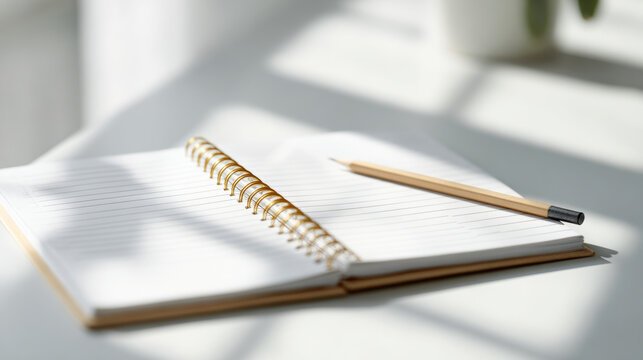 Open spiral notebook with blank lined pages and wooden pencil on white surface with soft natural light and shadows - Powered by Adobe