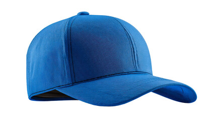 A studio view of a blue fabric baseball cap with a curved brim and stitched details, perfect for apparel mockups and accessory promotions.